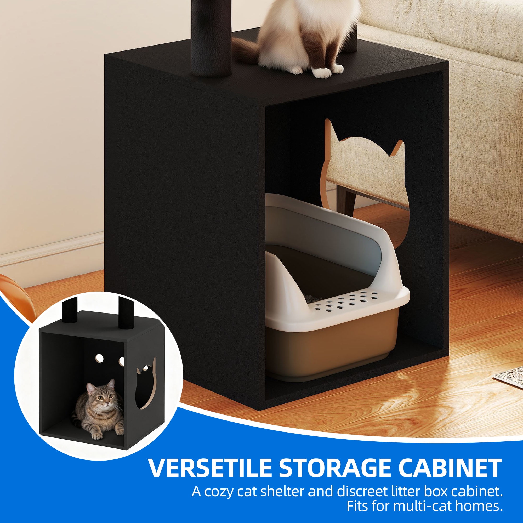 Homiflex Cat Tree for Automatic Litter Box, 67''H Cat Tower with Litter Box Enclosure, Scratching Post, Hooks, Halloween Style, Black/Red