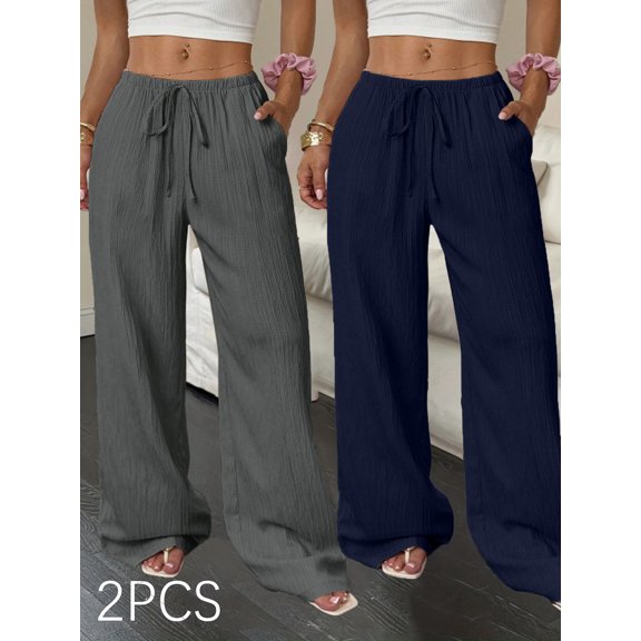 2pcs Wide Leg Pants for Women Flowy Palazzo Drawstring Elastic Waist Trousers with Pockets Summer Beach Vacation Clothes