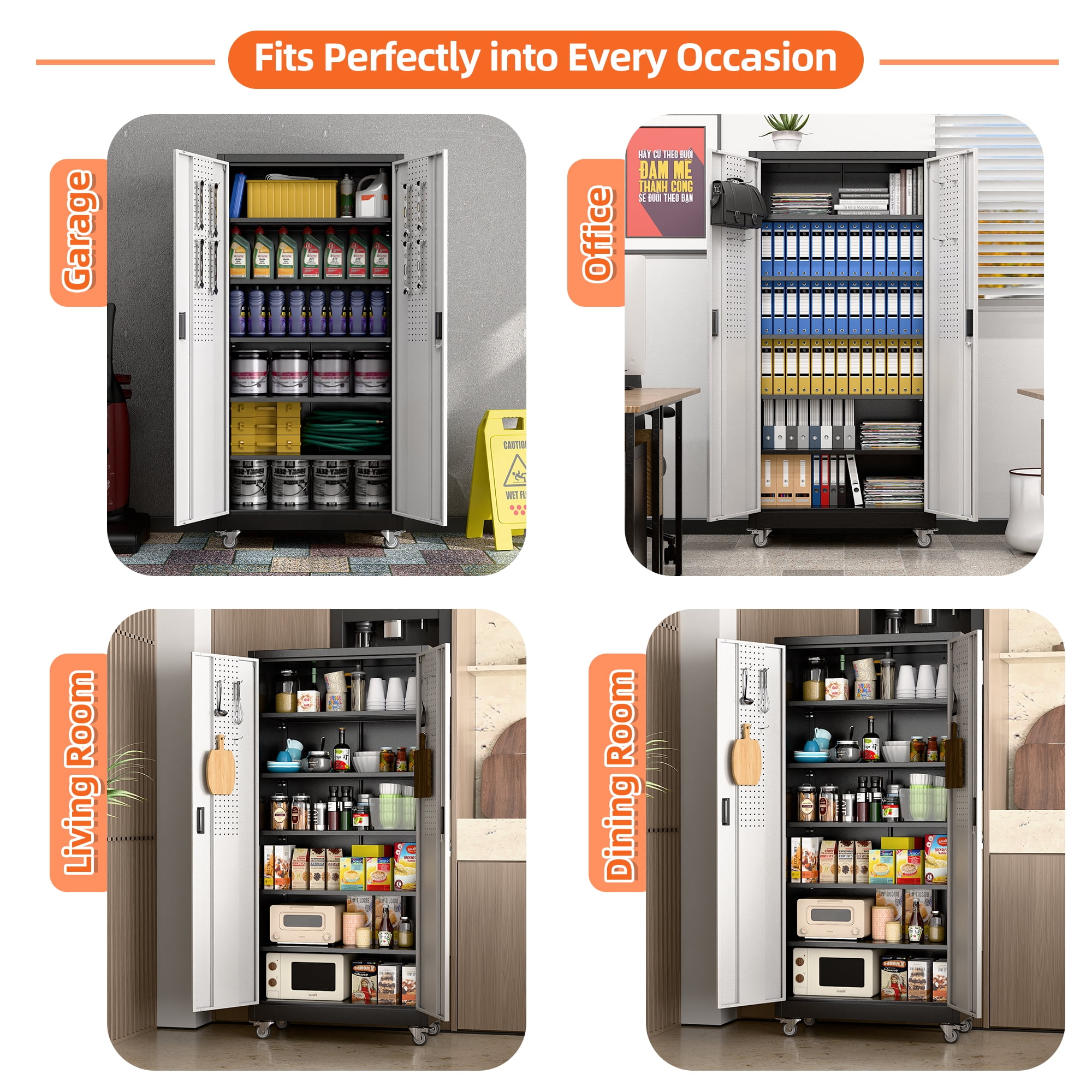 Aobabo Metal Garage Storage Cabinet with Wheels, Rolling Tool Storage Cabinet with 5 Adjustable Shelves and Pegboard for Home Office Utility Room,Required Assembly,Black Silvery 71" H×32" W×16" D