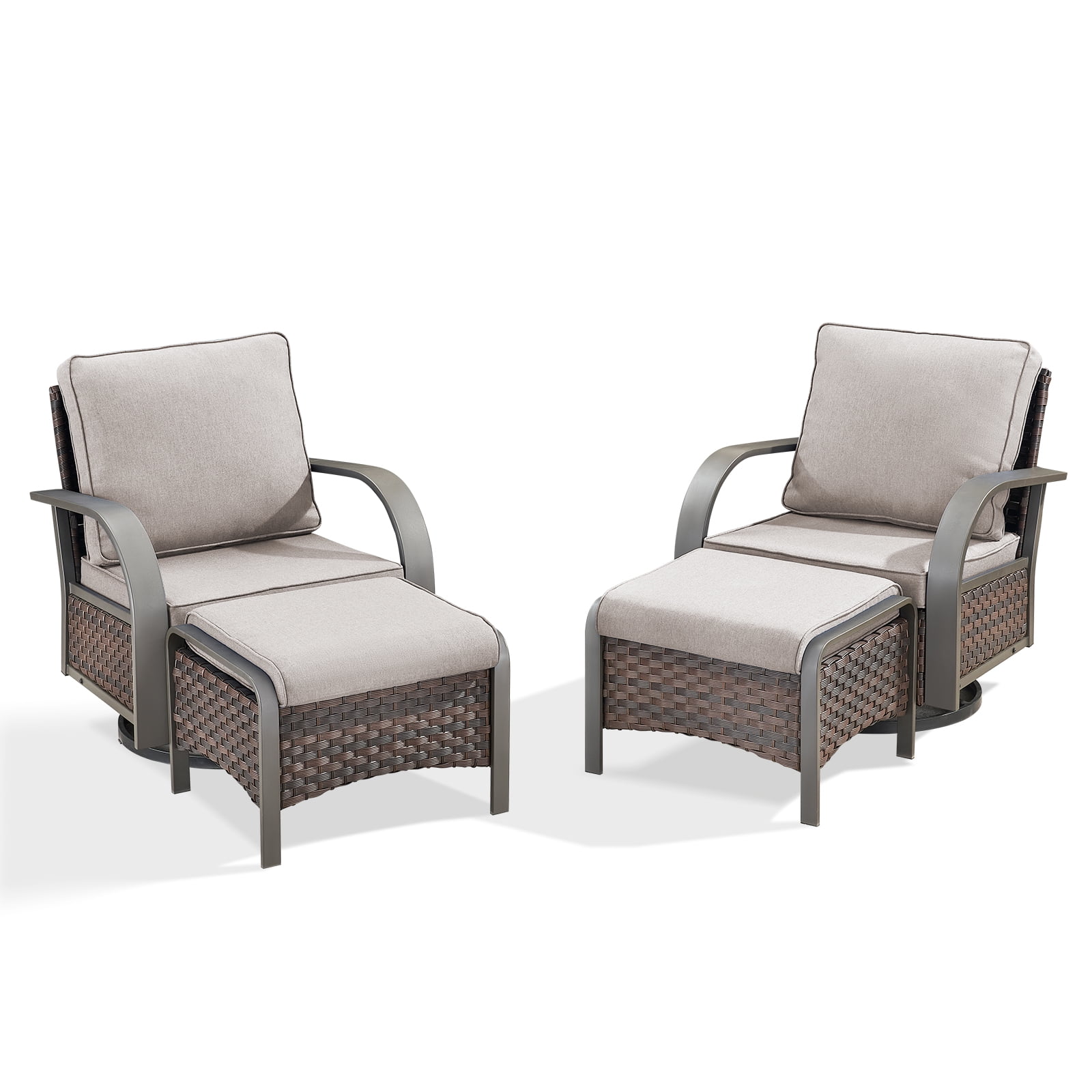OPOHORO 4-Piece Patio Conversation Set with 2 Swivel Rocking Chairs and 2 Ottomans, PE Wicker Outdoor Furniture with Beige Cushions for Porch or Backyard
