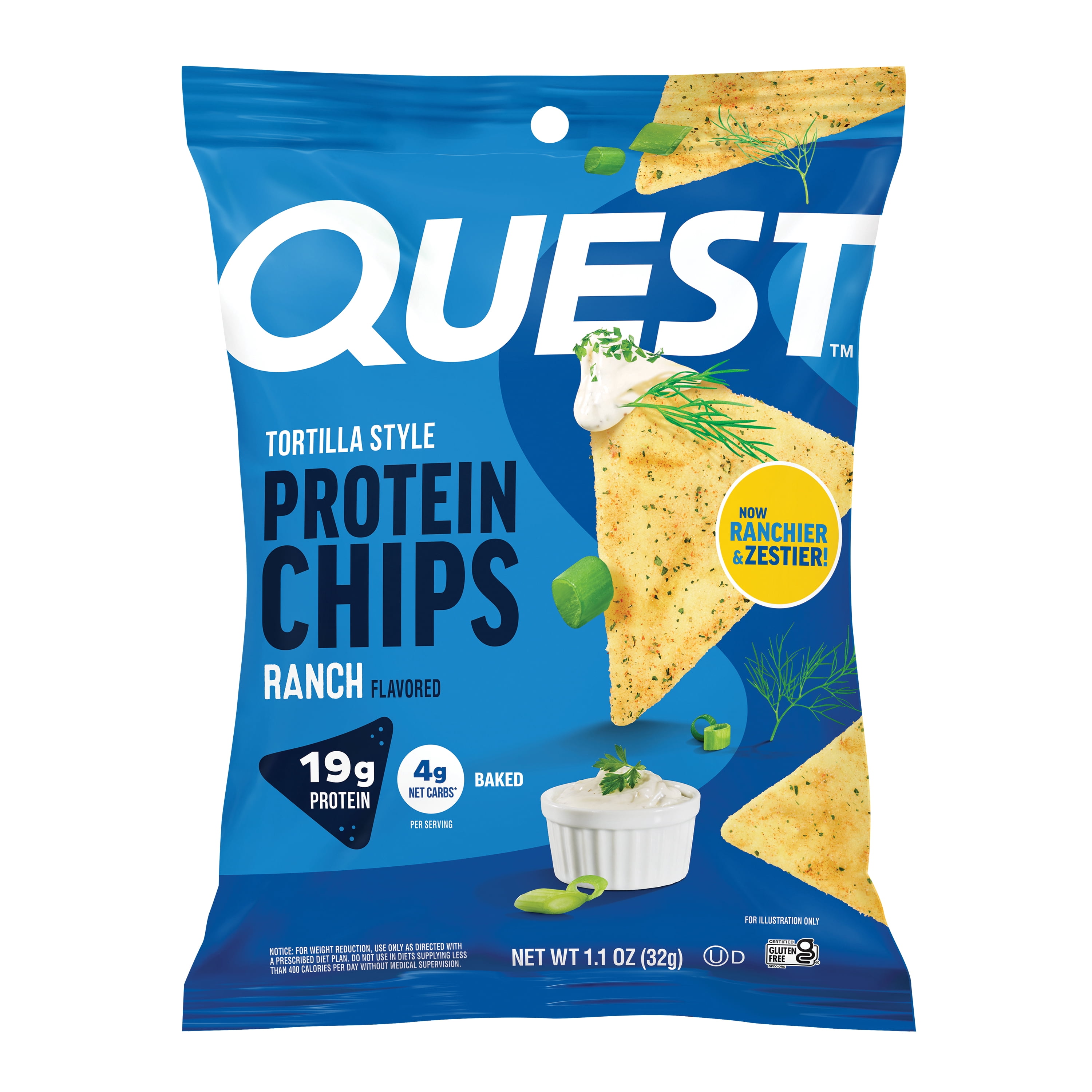 (4 pack) Quest Tortilla Style Protein Chips with 19g of Protein, Ranch Flavor, 1.1 Oz, Single