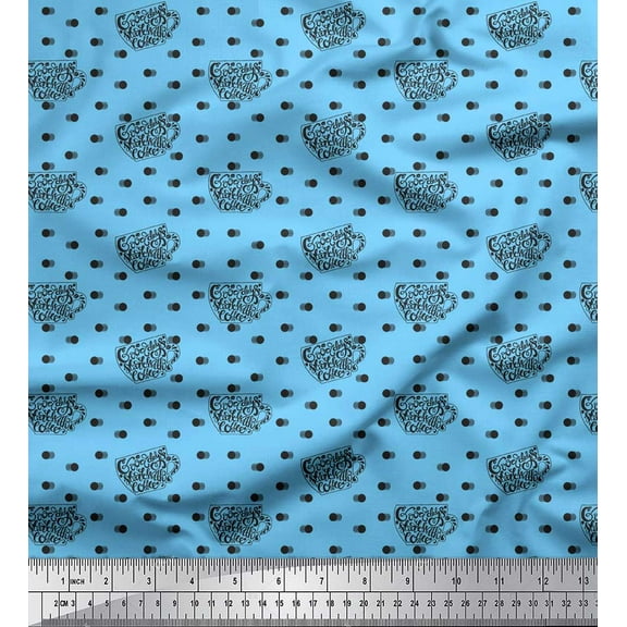 Soimoi Blue Cotton Voile Fabric Dot & Good Day Start With Coffee Text Fabric Prints By Yard 42 Inch Wide
