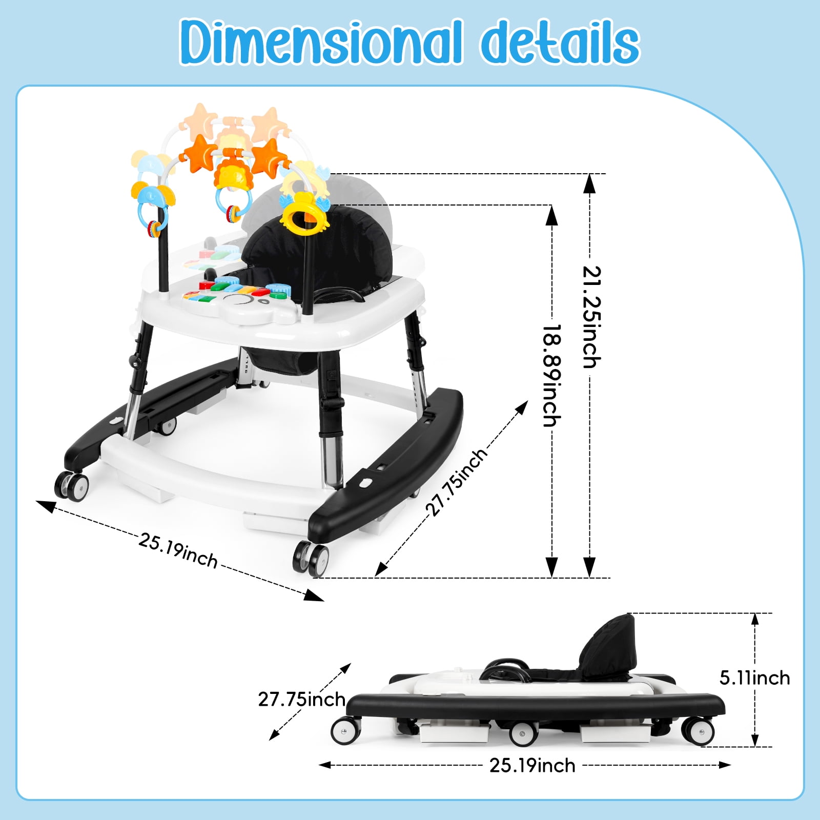 XIOYIG 5 in 1 Baby Walker, Music and Lights Walker for Baby Boy Girls 6-18 Months, Foldable Baby Walkers with Wheels and Bouncer Combo Portable, Toddler Infant Walker with Adjustable Height,Black