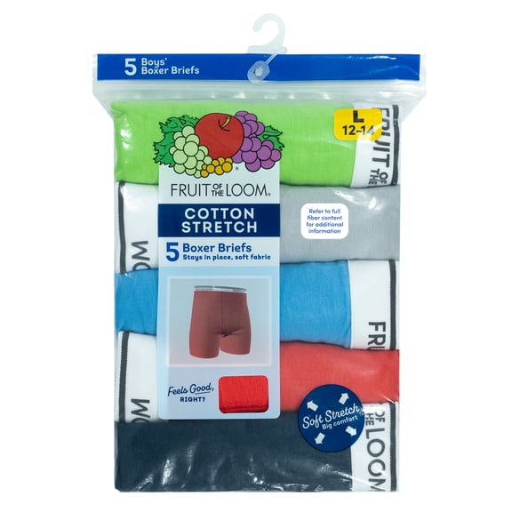 Fruit of the Loom Boy's Cotton Stretch Boxer Briefs Underwear, 5-Pack, Sizes S-XL