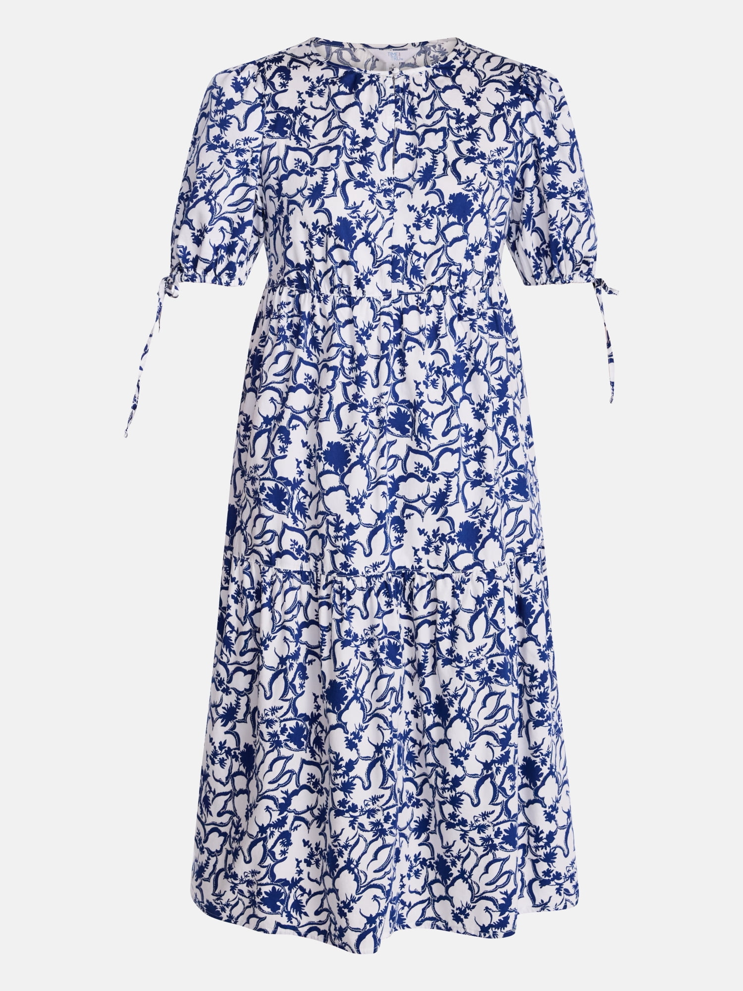 Time and Tru Women's Tiered Midi Dress with Tie Puff Sleeves, Sizes XS-XXXL