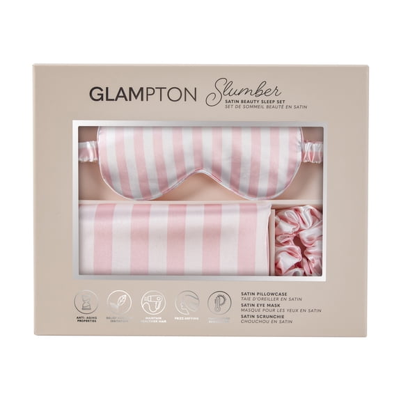 Glampton Slumber Satin Beauty Sleep Set, Pink Stripes, 3-Piece Set with Pillowcase, Eye Mask, and Scrunchie