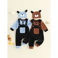 thumbnail image 2 of 3Pcs Infant Boy Outfit Crew Neck Long Sleeve Contrast Color Romper Suspender Pants and Dog Face Print Hat Set, 2 of 8