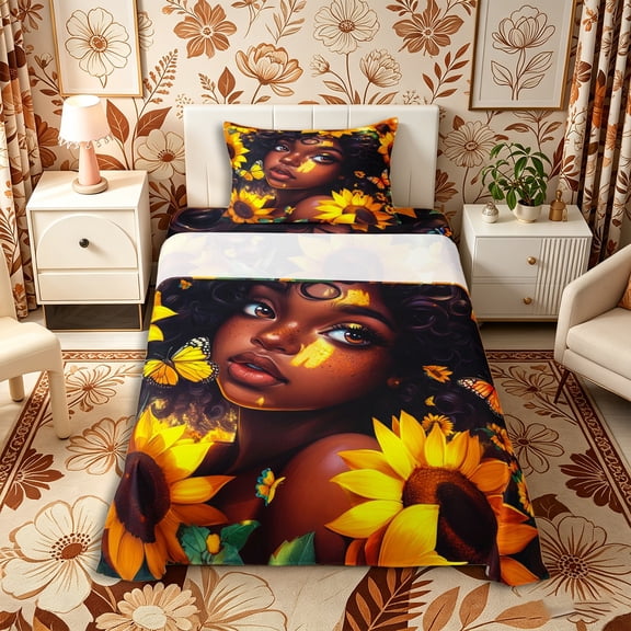 Castle Fairy Artistic Black Girl Twin Sheets 3pcs,Sunflower Butterfly Print Bedding,Yellow Green,1 Fitted Sheet, 1 Flat Sheet and 1 Pillowcase