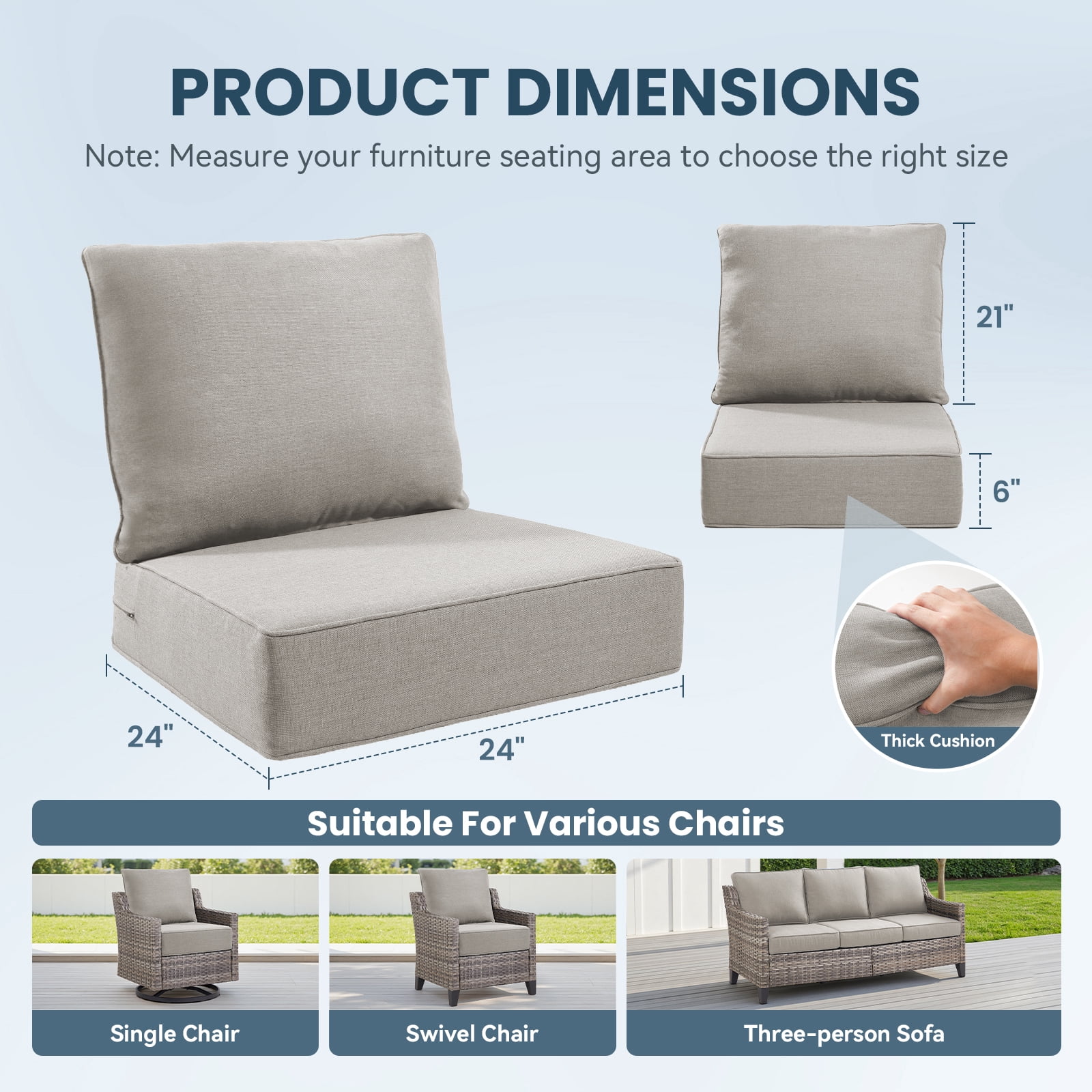 Jentlehouse Outdoor Deep Seat Cushion 24" X 24" X 6" for Patio Furniture,Outdoor Chair Cushions Water & Fade Resistant Patio Furniture Cushions for Wicker Chair, Sofa, Couch, Beige (Set of 2)