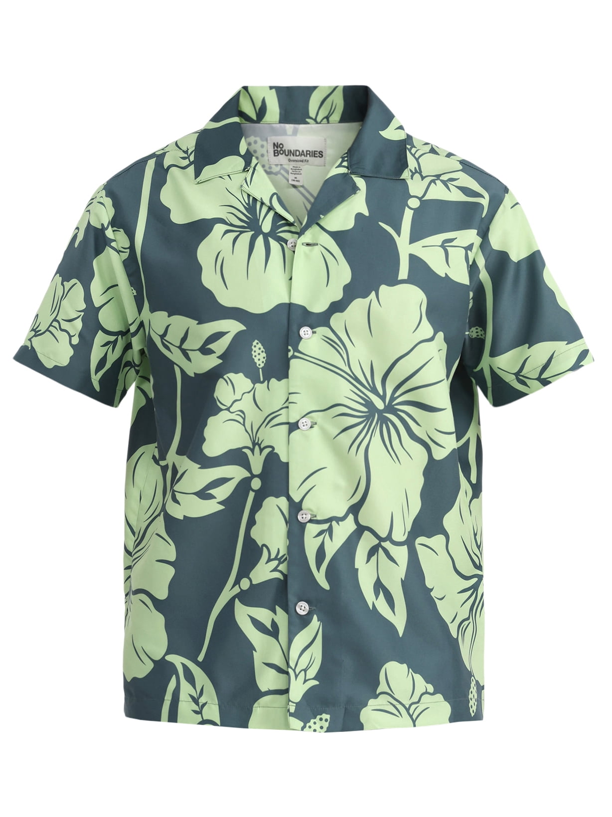 No Boundaries Button Front Oversized Cabana Shirt with Short Sleeves, Men’s