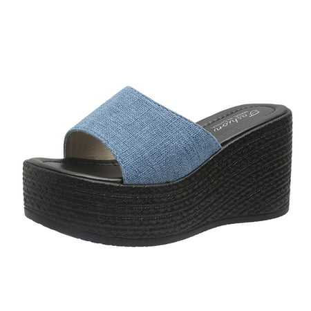 OJSFQUFP Women Shoes Casual Ladies Fashion Retro Solid Color Denim Open Toe Thick Bottom Slope Heel Sandals Soft Sole Outdoor Beach Shoes Womans Slippers Blue 39