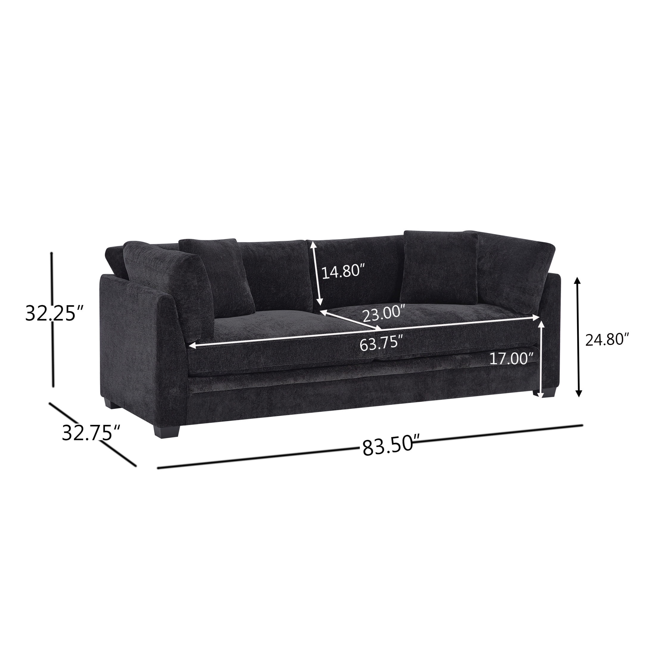 Christopher Knight Home 83.5" Modern 3-Seater Sofa with Flared Arms and Pillows, Chenille Upholstery, Black