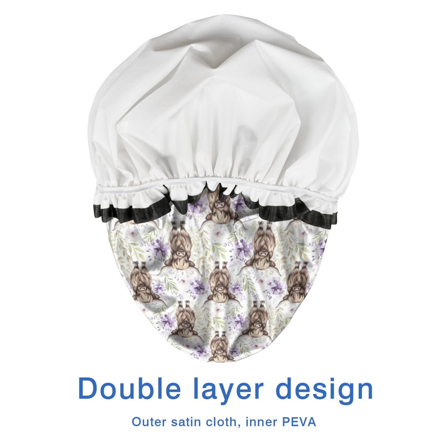 Shower Caps,White Highland Cow Flower Pattern Waterproof Shower Cap for Women 4 Pieces,Double Reusable Hair Cover for Shower PEVA Elastic Stretch Hem