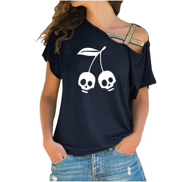 Tops de Halloween de manga corta con estampado de esqueleto para mujer Fridja gope5062