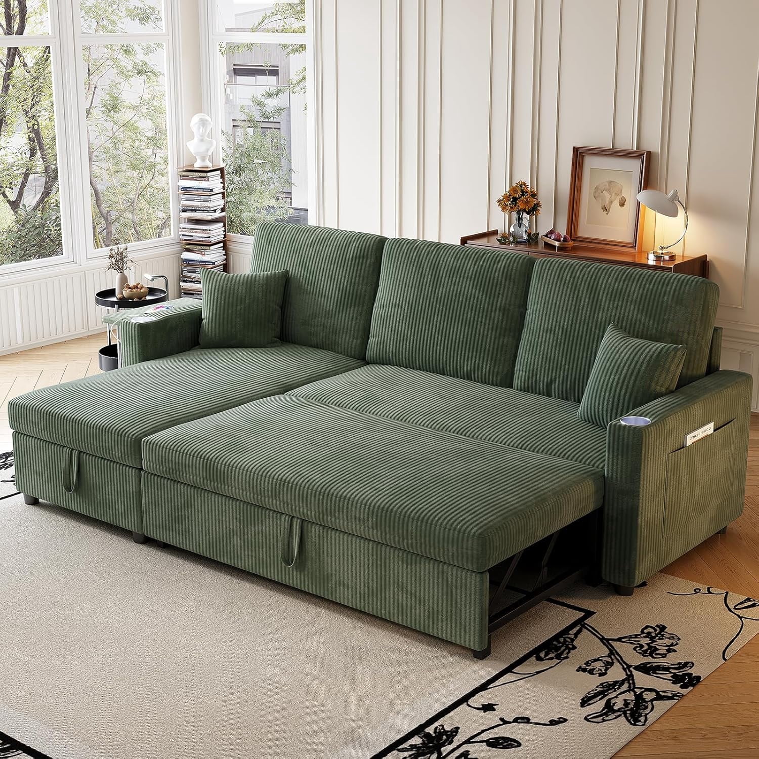 LLappuil Sectional Sofa, 84" Sectional Couch with Storage Chaise, Small Desktop, Cup Holders, Charging Port Convertible Sofa Bed, Corduroy Pull Out Sofa Bed for Living Room Green