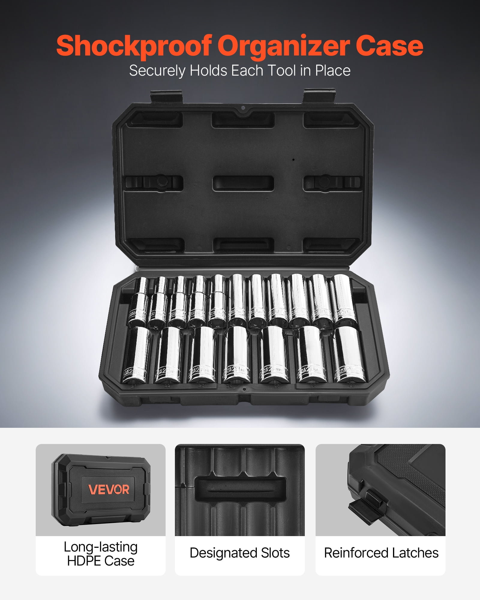 VEVOR Socket Set, 18 Pieces, 1/2 inch Drive Socket Tool Set, Metric Size from 10 to 27 mm, Mechanic Tool Kit with Storage Case, Clear Markings, Chrome Plated CR-V Alloy Steel, for Automotive Repair