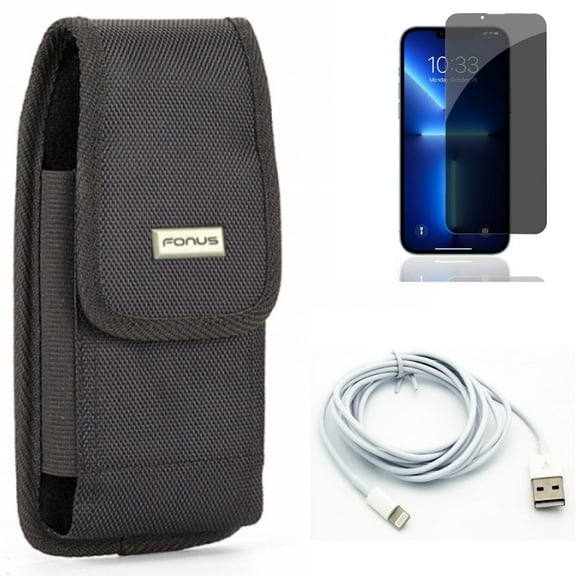 6ft USB Cable & Privacy Screen Protector & Case Belt Clip for iPhone 13,Pro ONLY - Charger Cord Power Wire   Tempered Glass Curved Anti-Spy   Swivel Holster Rugged Combo