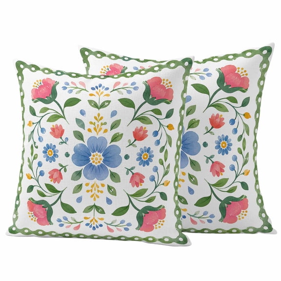 Green Pink Blue Botanical Outdoor Waterproof Pillow Covers, Ethnic Boho Cottagecore Decorative Square Throw Pillowcase Sofa Cushion Sham for Patio/Couch/Chair, 20"x20" 2 Pack