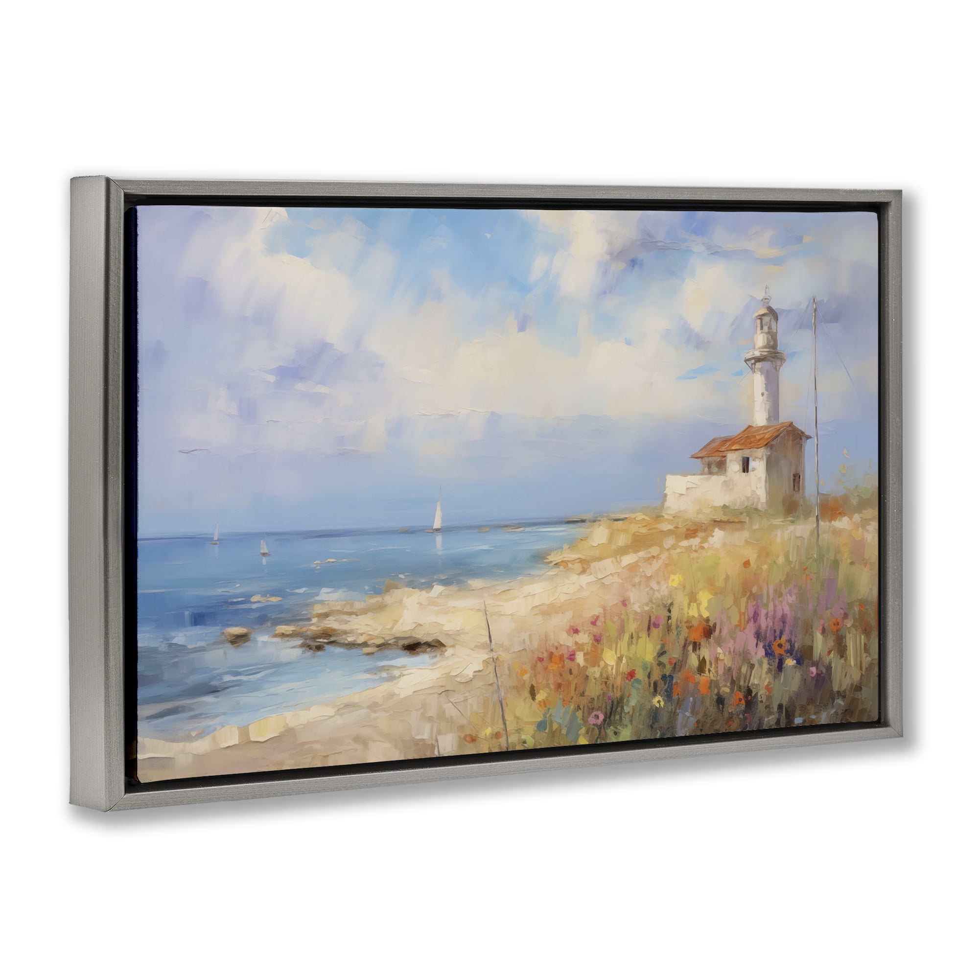 Stupell Industries Vintage Lighthouse View Landscape & Nature Painting Gray Floater Framed Canvas Art Print Wall Art, 25 x 17