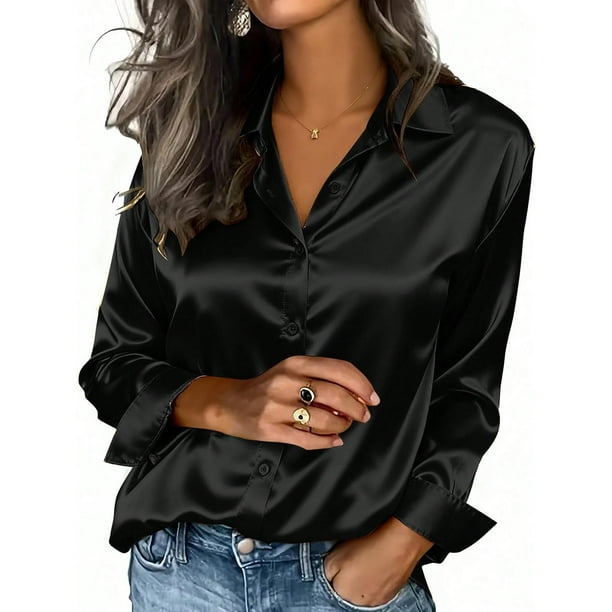 Karight Satin Blouses for Women Dressy Elegant Lapel Collar Button Down Dress Shirts Ladies Long Sleeve Business Casual Tops