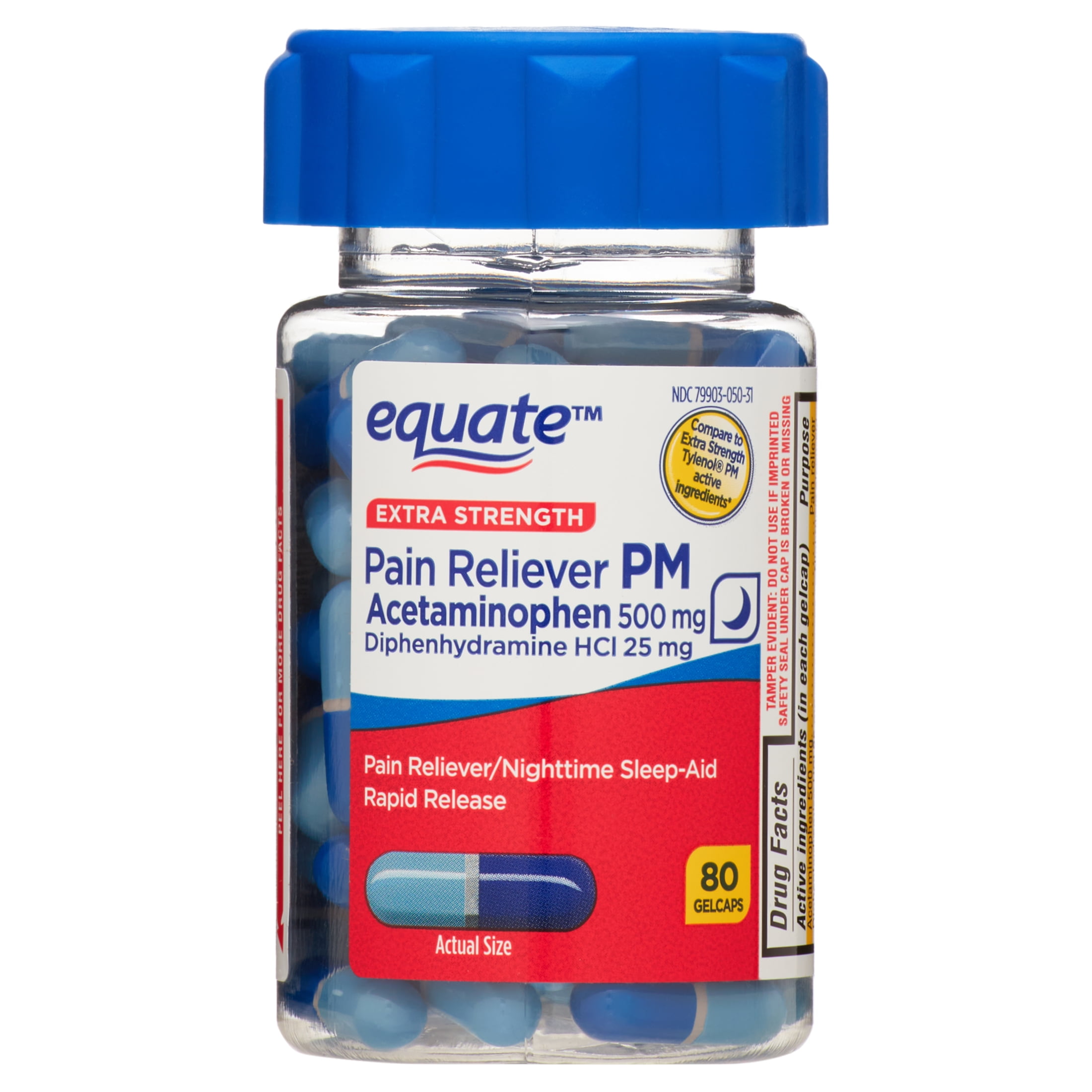 Equate Extra Strength Pain Reliever PM Caplets, Acetaminophen 500 mg, Diphenhydramine HCL 25 mg, 80 Count