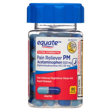 Equate Extra Strength Pain Reliever PM Caplets, Acetaminophen 500 mg, Diphenhydramine HCL 25 mg, 80 Count