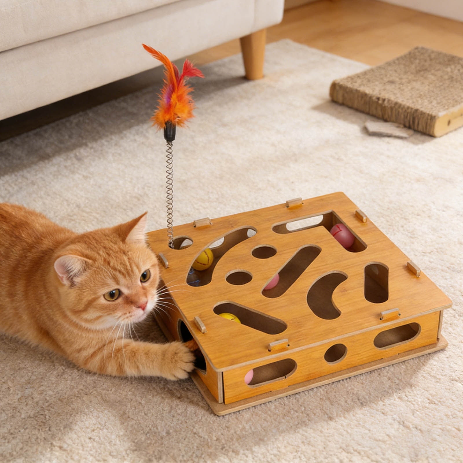 Pet Toys Enrichment for Indoor Cats Interactive Wooden Scratch Puzzle with Sandpaper and Stress- Nail Care Alternative for Cats