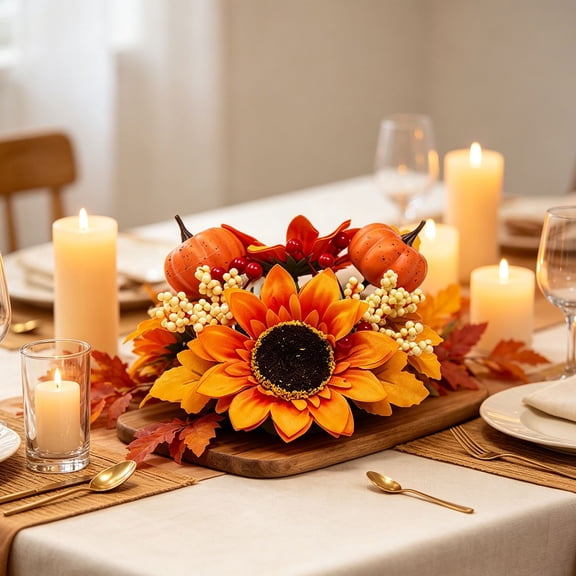 Clearance Under $1.7! 1 Pack 25cm Fall Candle Ring Wreath, Artificial Maple Pumpkin Sunflower, for Thanksgiving Farmhouse Table Decor