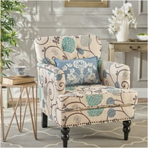 JERFIT Floral Fabric Accent Chair with Tufted Back and Wood Legs, Blue and White Club Chair for Living Room