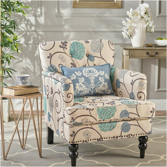 JERFIT Floral Fabric Accent Chair with Tufted Back and Wood Legs, Blue and White Club Chair for Living Room