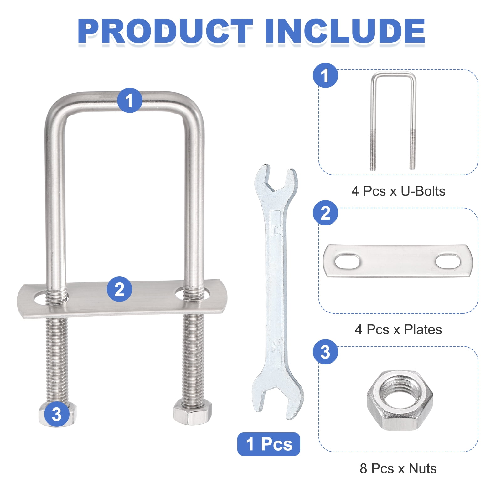 Uxcell 4 Sets M8 Square U-Bolts, 1.65" Inner Width 4.72" Length 304 Stainless Steel U Clamp Bolts with Nuts, Plates and Wrench