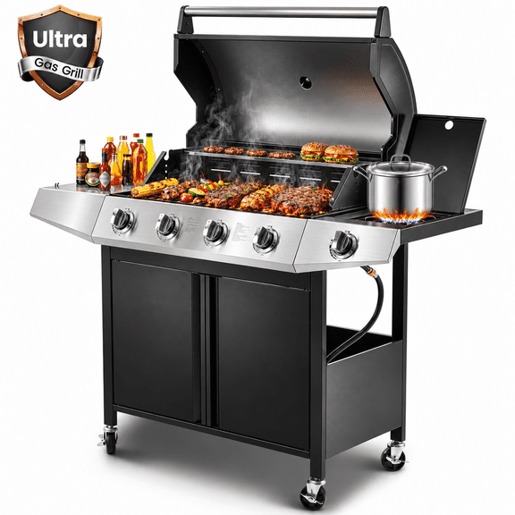 Syngar 5 Burner Propane Grill with Side Burner, Bbq Gas Grill, 552 Sq. in. Cooking Area, 50000 Btu, Stainless Steel, Porcelain Grate, Outdoor Cookouts