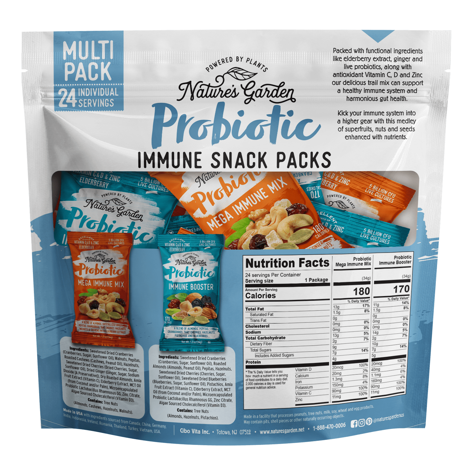 Nature's Garden Probiotic Immune Snack Packs 28.8oz (1.2oz x 24) - Pack of 4 - Plant-Based, Gluten-Free, Non-GMO, Convenient Healthy Snacks
