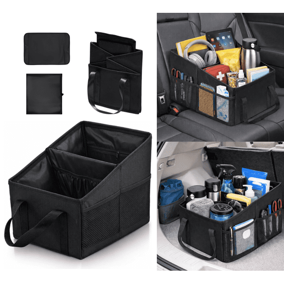Car Organizer with Divider and Mesh Pockets, Collapsible Backseat Storage Caddy with Handles, Travel Accessories and Car Trunk Organizer for Groceries and Daily Essentials
