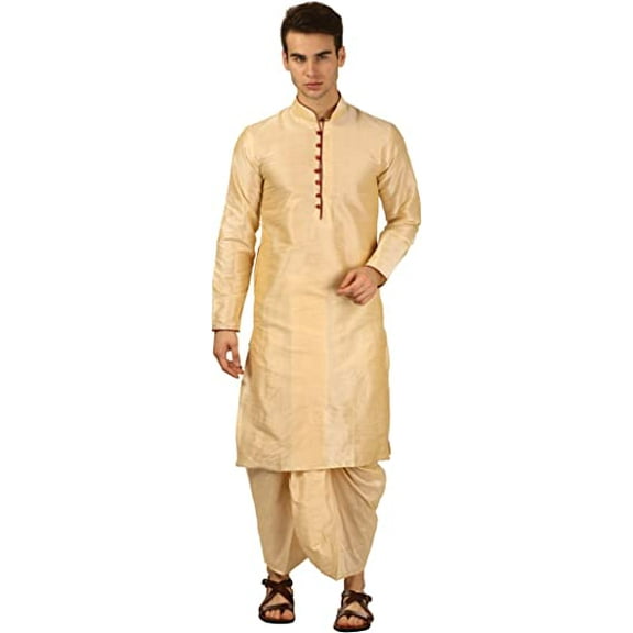 Royal Kurta Men's Silk Blend Dhoti Kurta Set (42, Gold)