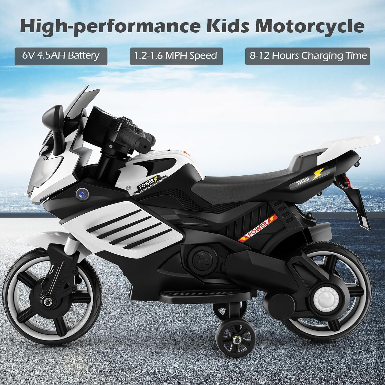 OLAKIDS 6V Kids Motorcycle with Training Wheels, Horn, Music, Headlight for Boys Girls Aged 3+ Years