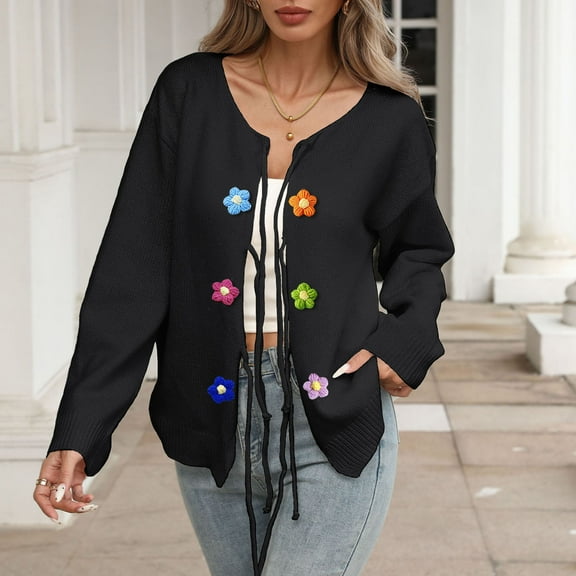GUZOM Sweaters Womens Black Tie Front Cardigan with Crochet Flowers - Soft Acrylic, Loose Fit, Side Pockets, Ribbed Trims, Spring Autumn Casual Retro Bohemian Wear,Size XL