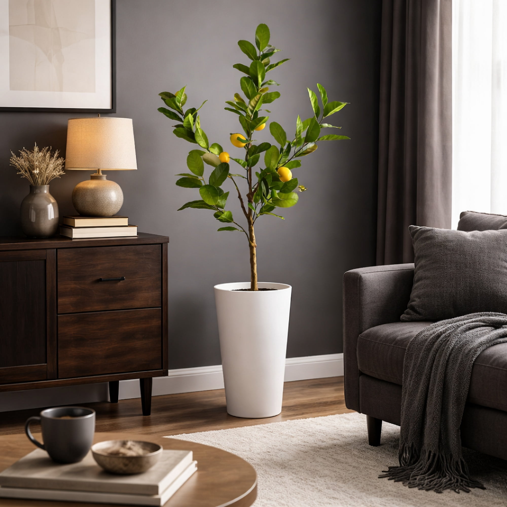 Artificial Tree, 3.3ft Artificial Lemon Plant with Realistic Lemons in a White Textured Metal Pot by LCG Florals, Fake Indoor Faux Tree for Living Room, Kitchen, and Home Decor