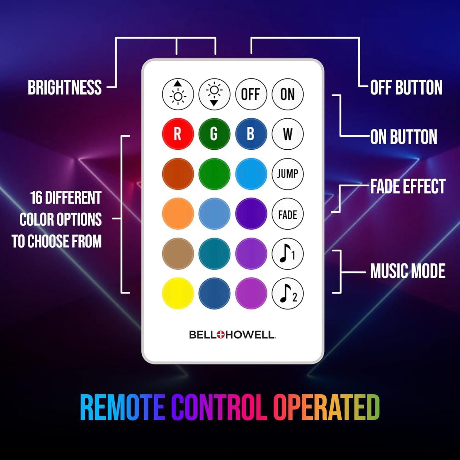 Lumière à ruban DEL Bell + Howell 10 po à changement de couleur pour chambre à coucher, 16 couleurs et 4 modes, avec télécommande Lumières LED