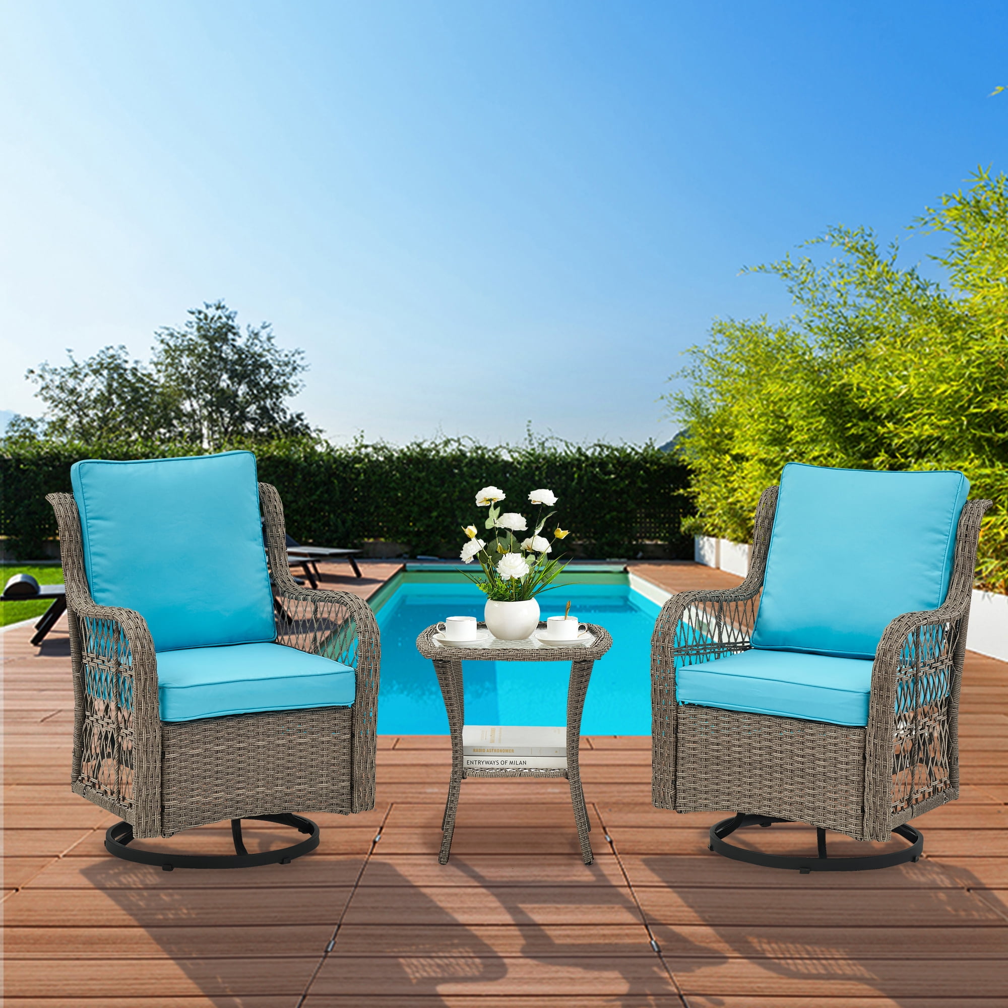 GOCAPTAIN Patio Conversation Set Outdoor Conversation Set – 3-Piece Swivel Rocking Bistro Set with Cushions & Tempered Glass Table – All-Weather Wicker Furniture Gray Rattan with Light Blue Cushions