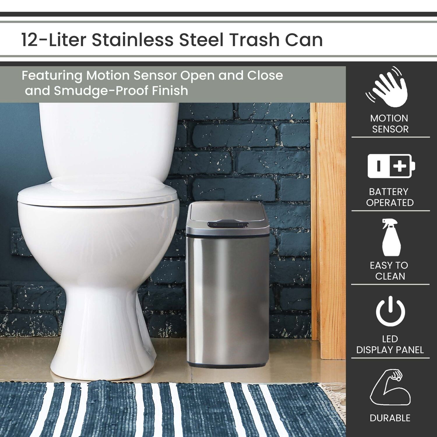 Hanover Hands Free Garbage Bin, Fingerprint resistant, Soft Close, Sensor Lid, 12 Liter/3.2 Gallon