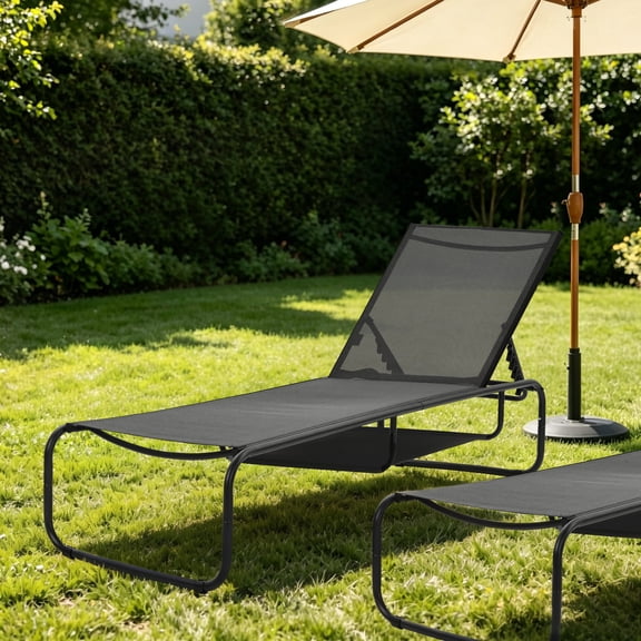 Ainfox Patio Chaise Lounge Chair with Hidden Storage, Outdoor Pool Lounge Recliner with 5 Adjustable Positions, Breathable Textilene Fabric, Metal Frame for Backyard, Poolside, Beach, Black