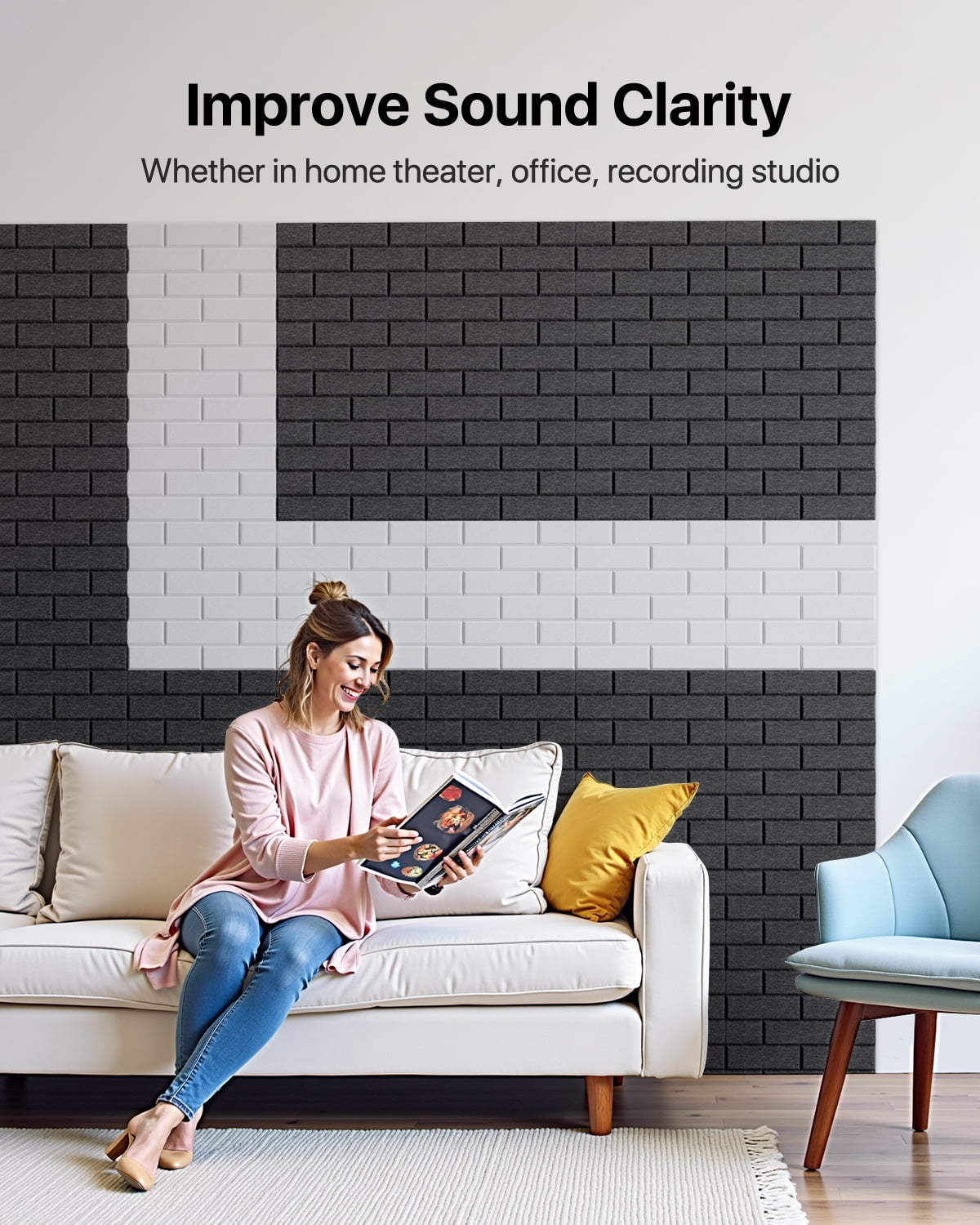 Soundsbay Acoustic Panels Sound Proofing Brick Self-Adhesive Soundproof Absorbing Noise Cancelling Wall Panels 12 Pack Black 12'' x 12'' x 0.4''