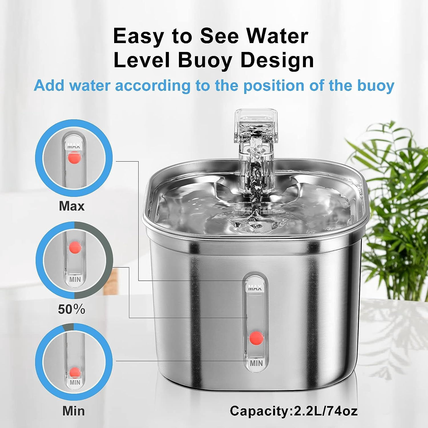 Petavista 2.2L/74oz Stainless Steel Cat Water Fountain with Water Level Window Suitable for Dogs Cats