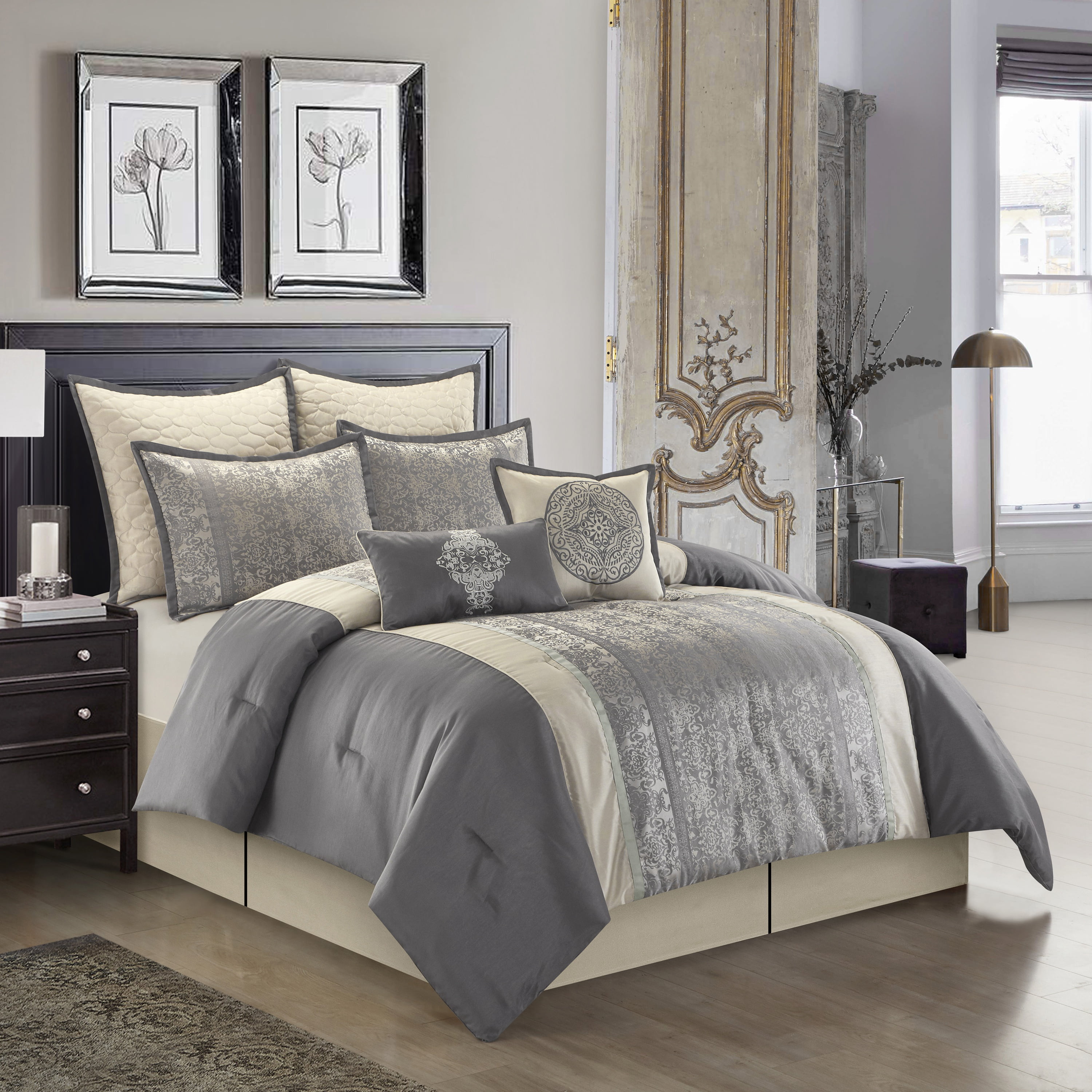 Lanco Damask 8 Piece Comforter Set, Silver/Ivory, King, Fill Polyester, Patchwork