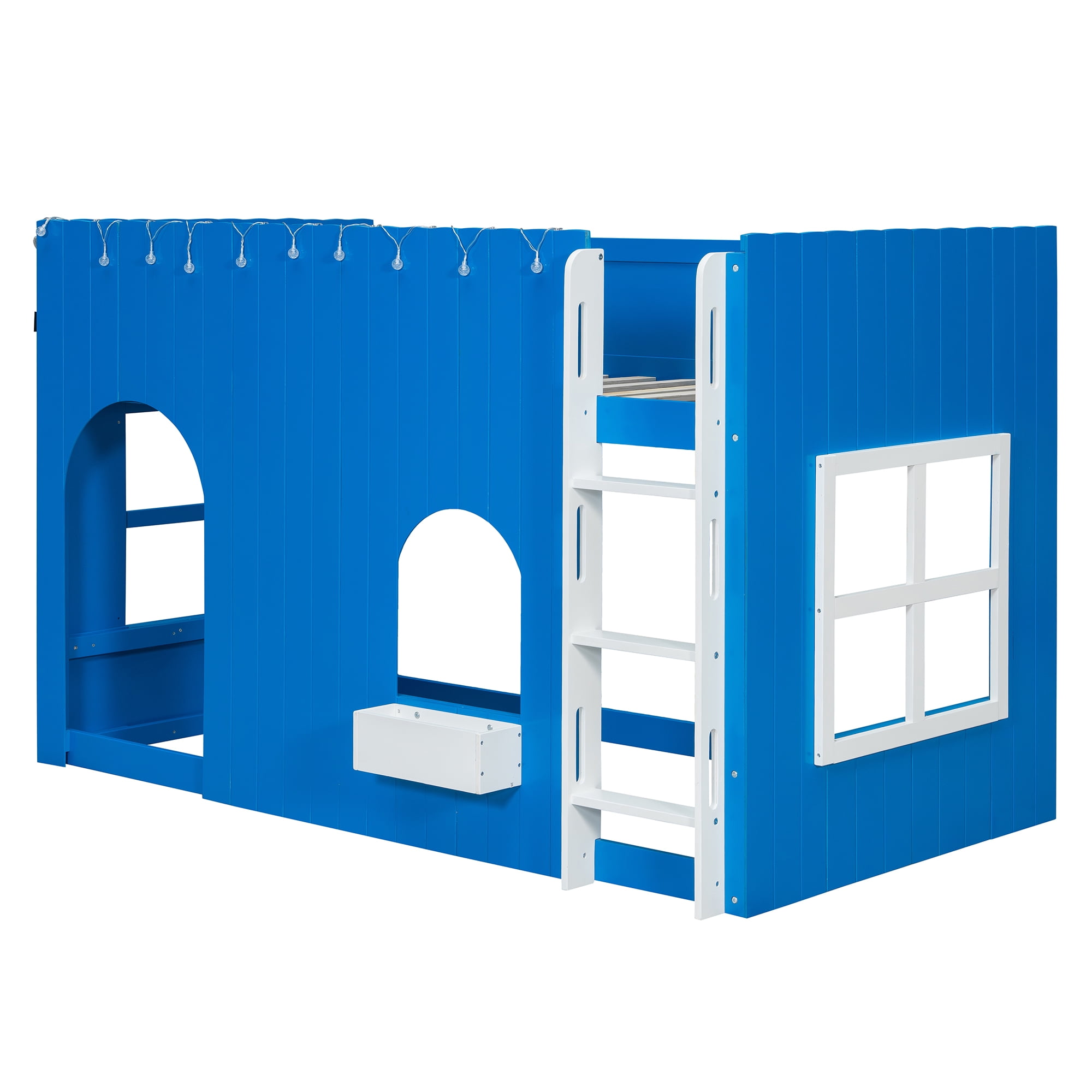 Mintazer Twin House Loft Bed with LED Lights, Kids Playhouse Bed with Ladder, Blue