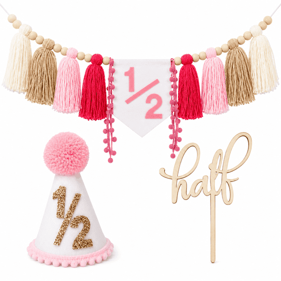 EMPIRE PARTY Supply Half Birthday Party Decoration Kit Halfway to One Pink for Girl Felt Material 3 Piece
