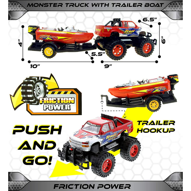 Mozlly Monster Truck Trailer & Speed Boat Friction Push Powered Hauler Play  Set Outdoor Beach Sandbox
