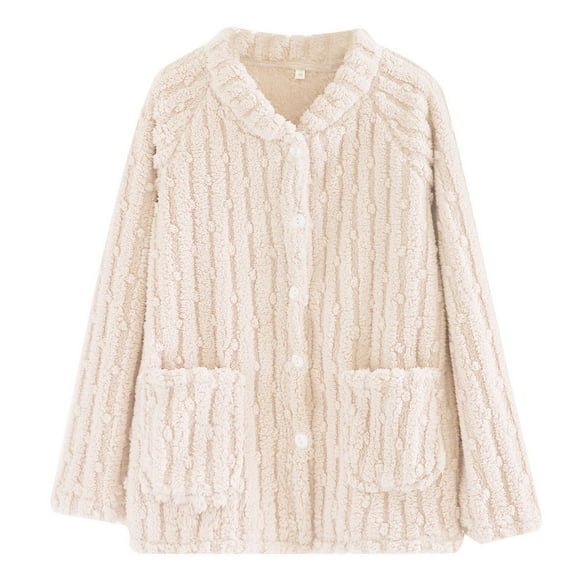 ManxiVoo Women's Flannel Sleepwear Top Oversized Cardigan Cozy Winter Loungewear Soft Home Wear Long Sleeve Comfort L Size Beige