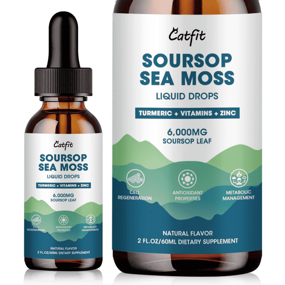 Soursop Sea Moss Liquid Drops, Soursop Leaf Extract 6000mg with Sea Moss, Turmeric, Vitamin B6 & C, Zinc, High Absorption Soursop Liquid Supplement for Mood Gut Cell Immune Health, 2 Fl Oz